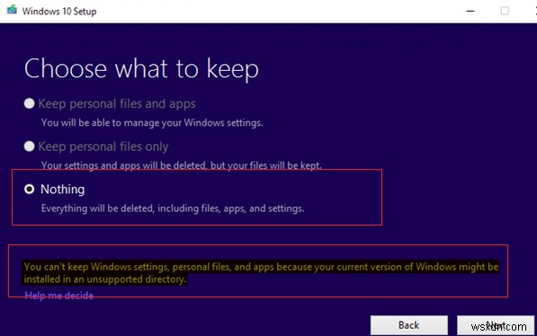 Windows 10 আপগ্রেড ত্রুটি:Windows অসমর্থিত ডিরেক্টরিতে ইনস্টল করা হতে পারে 