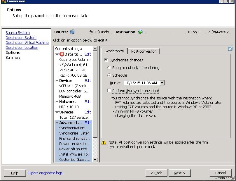 VMware কনভার্টার:P2V বা V2V করার সময় পরিবর্তনগুলি সিঙ্ক্রোনাইজ করুন 