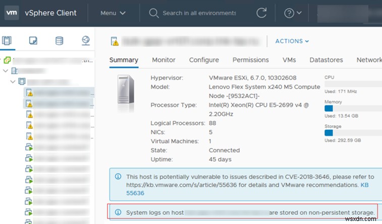 ESXi হোস্টে সিস্টেম লগগুলি অ-স্থায়ী সঞ্চয়স্থানে সংরক্ষণ করা হয় 