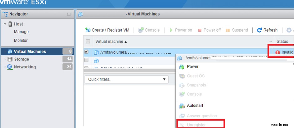 VMWare ESXi-এ ভার্চুয়াল মেশিনের অবৈধ অবস্থা 