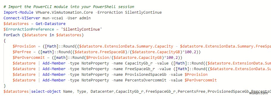 PowerCLI এর মাধ্যমে VMFS ডেটাস্টোরে মুক্ত স্থান পরীক্ষা করা হচ্ছে 