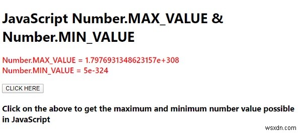 JavaScript Number.MAX_VALUE এবং Number.MIN_VALUE উদাহরণ সহ 
