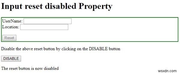 HTML DOM ইনপুট রিসেট নিষ্ক্রিয় সম্পত্তি 