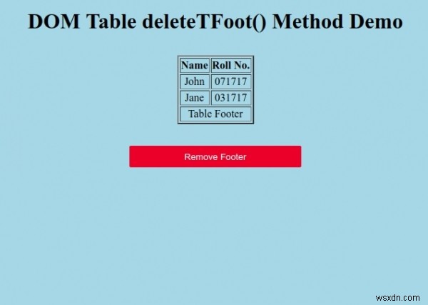 HTML DOM টেবিল ডিলিটটিফুট() পদ্ধতি 