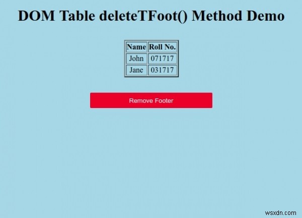 HTML DOM টেবিল ডিলিটটিফুট() পদ্ধতি 