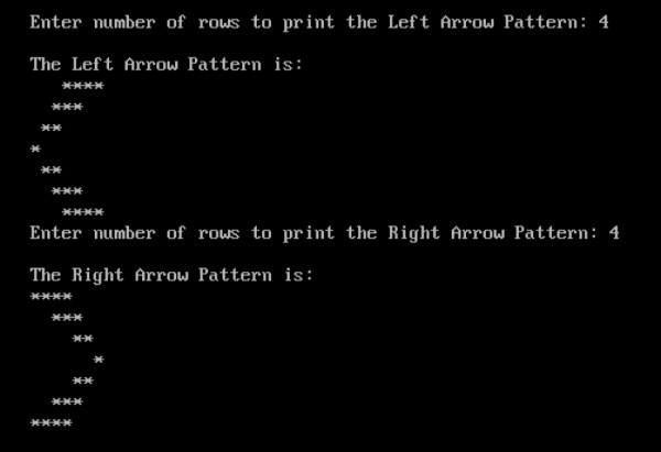 সি তে ডান এবং বাম তীর প্যাটার্ন প্রিন্ট করার জন্য প্রোগ্রাম 
