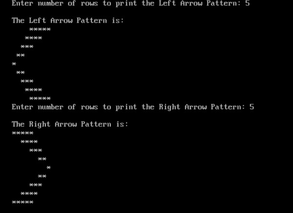 সি তে ডান এবং বাম তীর প্যাটার্ন প্রিন্ট করার জন্য প্রোগ্রাম 
