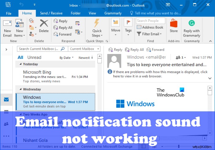 ইমেল বিজ্ঞপ্তি শব্দ Outlook এ কাজ করছে না 