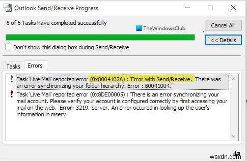 Outlook Send/receive error 0x8004102A ঠিক করুন 
