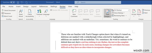 ওয়ার্ডে ট্র্যাক পরিবর্তনগুলি সক্ষম হলে মুছুন বোতামটি স্ট্রাইকথ্রু দেখায় না 