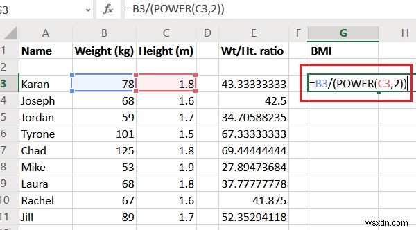 এই BMI গণনার সূত্রটি ব্যবহার করে এক্সেলে ওজন থেকে উচ্চতার অনুপাত এবং BMI গণনা করুন 