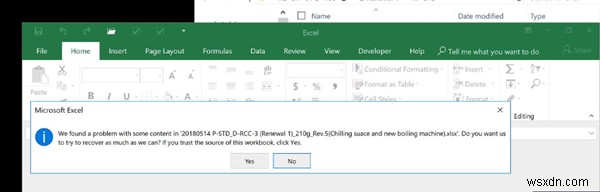 আমরা Excel-এ filename.xlsx ত্রুটিতে কিছু বিষয়বস্তুর সমস্যা খুঁজে পেয়েছি 