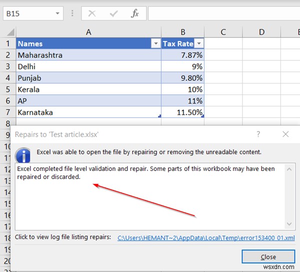 আমরা Excel-এ filename.xlsx ত্রুটিতে কিছু বিষয়বস্তুর সমস্যা খুঁজে পেয়েছি 