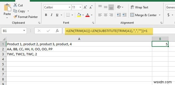 Excel এবং Google পত্রকের একক কক্ষে কমা দ্বারা পৃথক করা মানগুলির সংখ্যা গণনা করুন৷ 