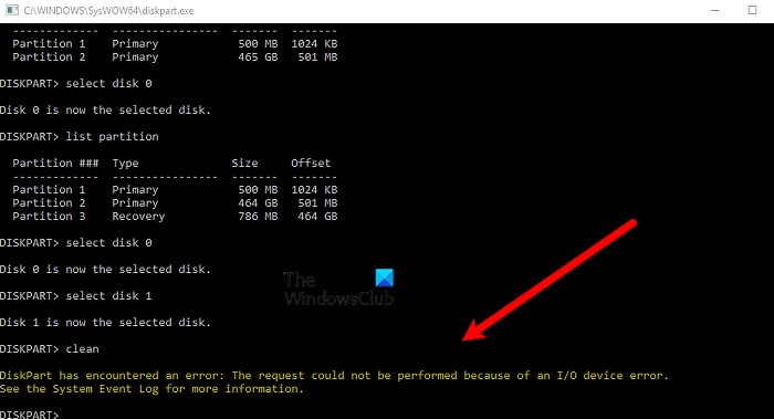DISKPART ত্রুটি, একটি IO ডিভাইস ত্রুটির কারণে অনুরোধটি সম্পাদন করা যায়নি৷ 