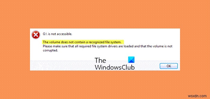 ভলিউমে Windows 11/10-এ একটি স্বীকৃত ফাইল সিস্টেম বার্তা নেই 