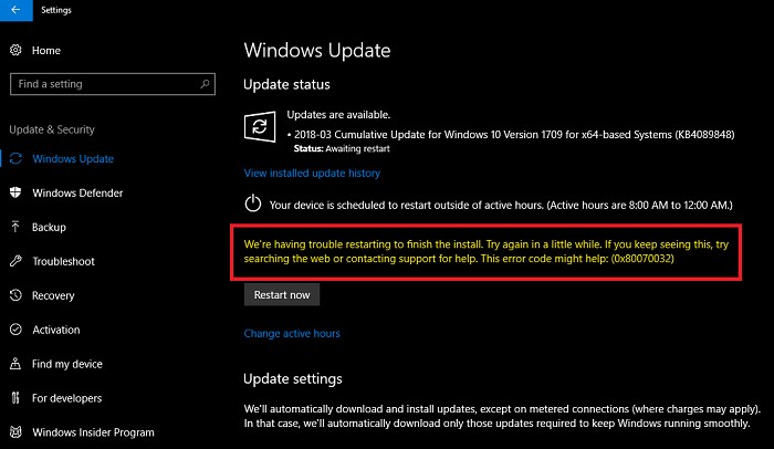 উইন্ডোজ আপডেট ত্রুটি 0x80070032, আমাদের ইনস্টলেশন শেষ করতে পুনরায় চালু করতে সমস্যা হচ্ছে 