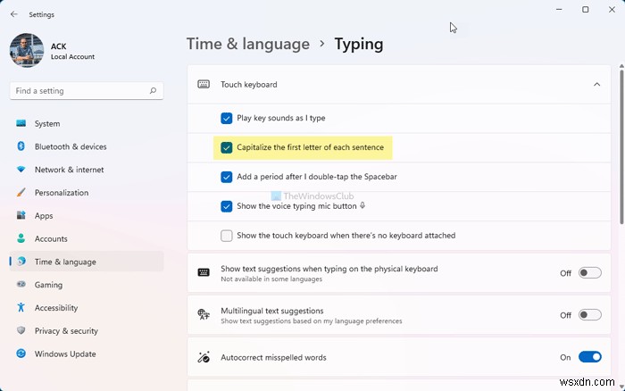 Windows 11-এ প্রতিটি বাক্যের প্রথম অক্ষর বড় করা থেকে টাচ কীবোর্ডকে অনুমতি দিন বা থামান 
