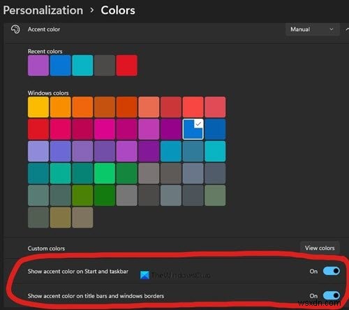 উইন্ডোজ 11-এ স্টার্ট মেনু এবং টাস্কবারের জন্য কীভাবে অ্যাকসেন্ট রঙ চালু বা বন্ধ করবেন 
