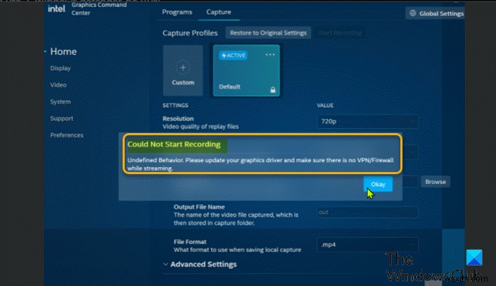 ইন্টেল গ্রাফিক্স কমান্ড সেন্টারে রেকর্ডিং ত্রুটি শুরু করা যায়নি 