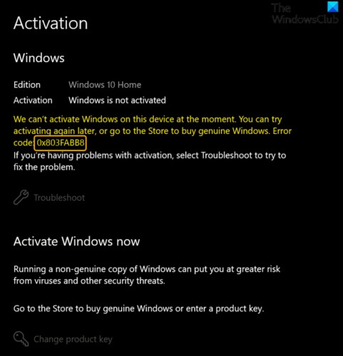 Windows 11/10-এ অ্যাক্টিভেশন ত্রুটি কোড 0x803FABB8 ঠিক করুন 