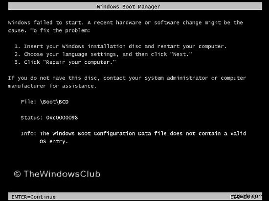 উইন্ডোজ বুট কনফিগারেশন ডেটাতে বৈধ OS এন্ট্রি নেই, ত্রুটি 0xc0000098 