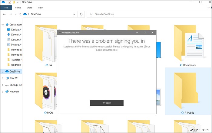 OneDrive লগইন হয় বাধাগ্রস্ত বা ব্যর্থ হয়েছে, ত্রুটি 0x8004deb4 