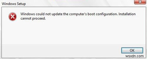 উইন্ডোজ কম্পিউটারের বুট কনফিগারেশন আপডেট করতে পারেনি। ইনস্টলেশন এগিয়ে যেতে পারে না 
