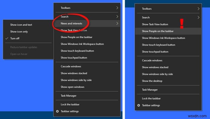 টাস্কবারে খবর এবং আগ্রহ Windows 10-এ দেখানো বা অনুপস্থিত 