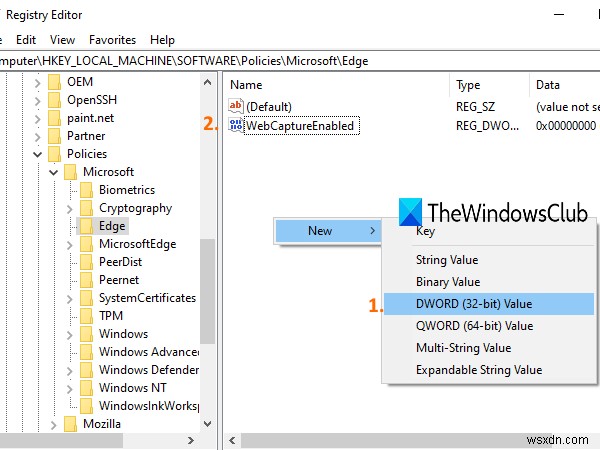 উইন্ডোজ 10 এ রেজিস্ট্রি ব্যবহার করে মাইক্রোসফ্ট এজ-এ ওয়েব ক্যাপচার অক্ষম করুন 