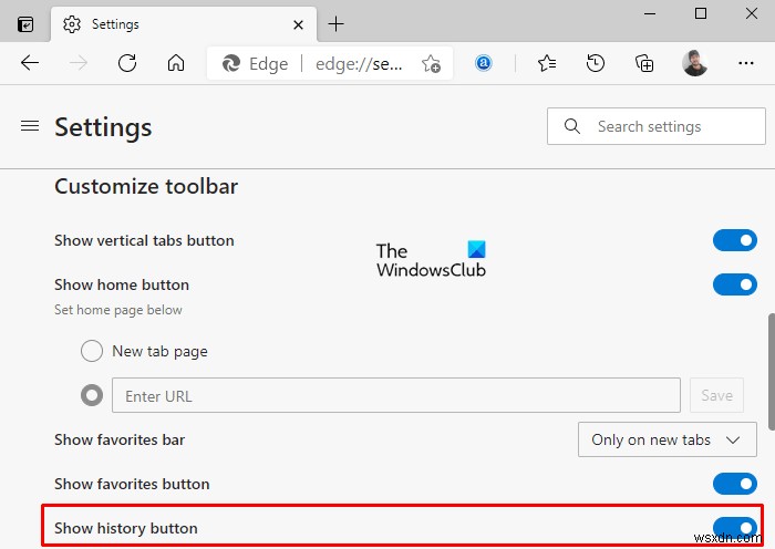 Microsoft Edge-এ টুলবারে ইতিহাস বোতাম দেখান বা লুকান 