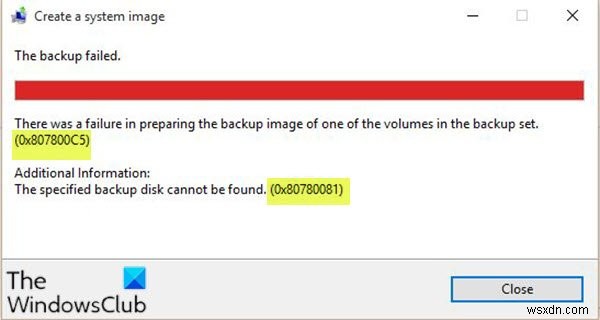 ব্যাকআপ চিত্র প্রস্তুত করতে ব্যর্থতা, ত্রুটি কোড 0x807800C5, 0x80780081 