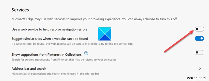 মাইক্রোসফ্ট এজ-এ  নেভিগেশন ত্রুটিগুলি সমাধানে সহায়তা করার জন্য একটি ওয়েব পরিষেবা ব্যবহার করুন  সক্ষম বা অক্ষম করুন 