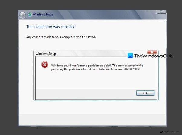 উইন্ডোজ ডিস্কে একটি পার্টিশন ফর্ম্যাট করতে পারেনি - ত্রুটি কোড 0x80070057 