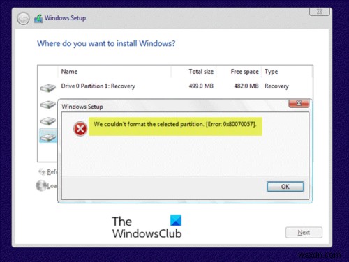 আমরা নির্বাচিত পার্টিশন ফর্ম্যাট করতে পারিনি - ত্রুটি 0x80070057 