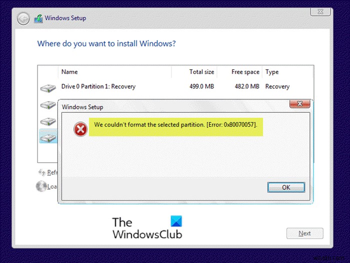 আমরা নির্বাচিত পার্টিশন ফর্ম্যাট করতে পারিনি - ত্রুটি 0x80070057 