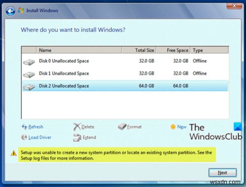 সেটআপ একটি নতুন সিস্টেম পার্টিশন তৈরি করতে বা একটি বিদ্যমান সিস্টেম পার্টিশন সনাক্ত করতে অক্ষম ছিল 