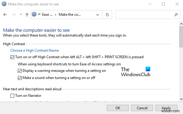 Windows 11/10-এ উচ্চ বৈপরীত্য সতর্কতা বার্তা এবং শব্দ সক্ষম বা অক্ষম করুন 