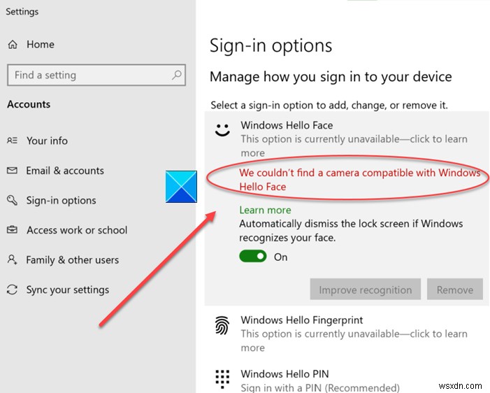 আমরা Windows Hello Face এর সাথে সামঞ্জস্যপূর্ণ একটি ক্যামেরা খুঁজে পাইনি 