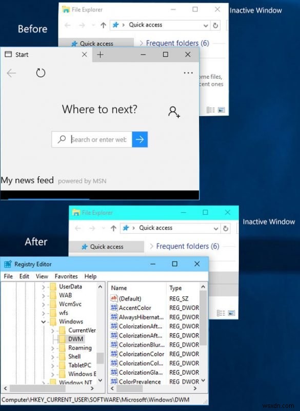 Windows 11/10-এ নিষ্ক্রিয় উইন্ডোর জন্য রঙিন শিরোনাম বার সক্ষম করুন 