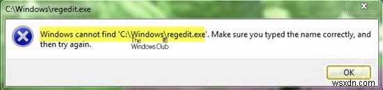 উইন্ডোজ C:/Windows/regedit.exe খুঁজে পাচ্ছে না 
