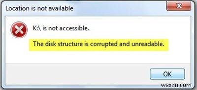 উইন্ডোজ 10-এ ডিস্কের কাঠামো দূষিত এবং পড়া যায় না 