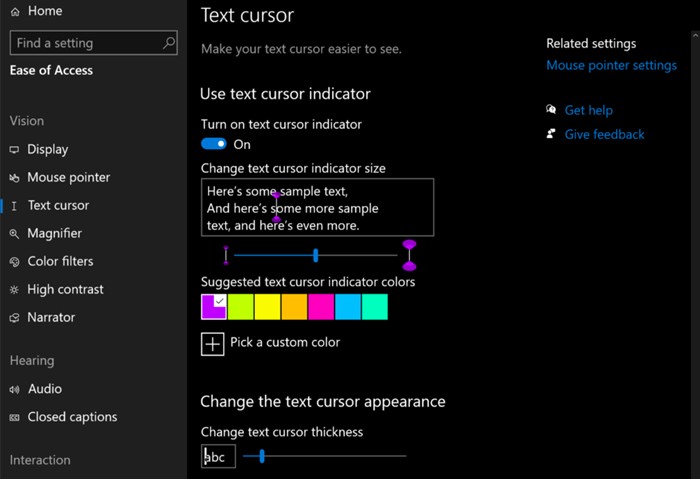 Windows 10 আপনাকে টেক্সট কার্সার কাস্টমাইজ করতে দেয়; ম্যাগনিফায়ার এবং স্ক্রিন রিডার উন্নতি পায় 