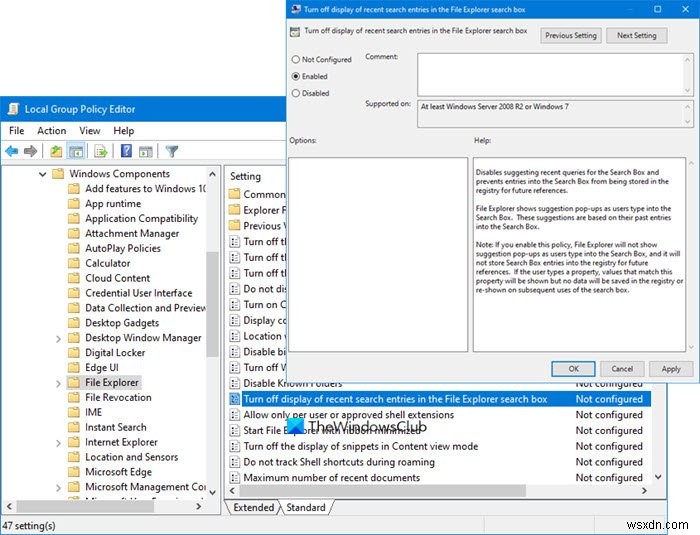 Windows 11/10 এর ফাইল এক্সপ্লোরারে সাম্প্রতিক অনুসন্ধান এন্ট্রির প্রদর্শন বন্ধ করুন 