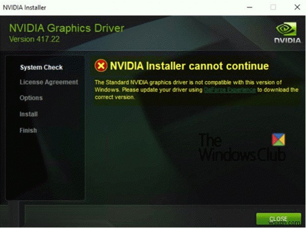 NVIDIA ইনস্টলার Windows 11/10 এ চালিয়ে যেতে পারে না 