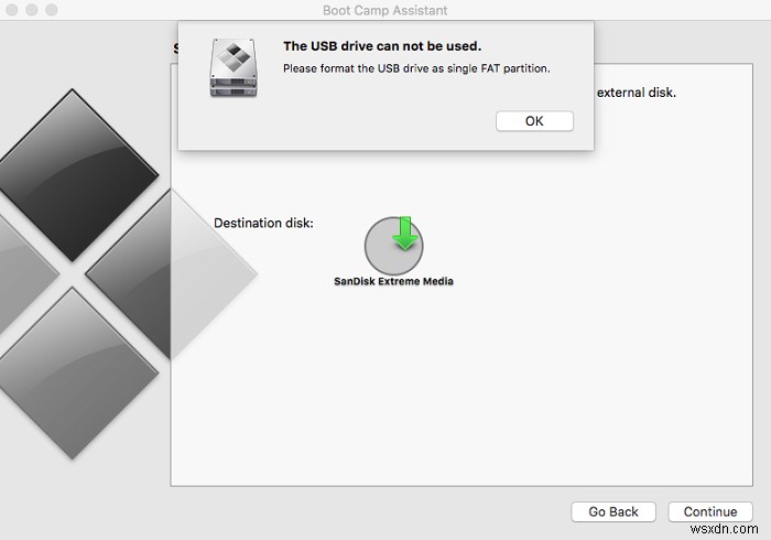 অনুগ্রহ করে USB ড্রাইভটিকে একক FAT পার্টিশন হিসাবে ফর্ম্যাট করুন:বুট ক্যাম্প সহকারী 