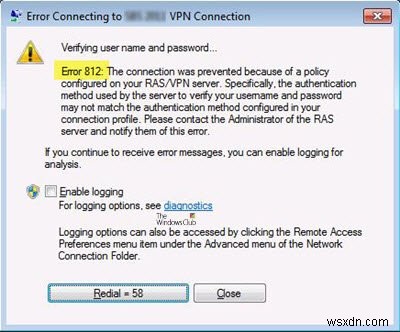 VPN ত্রুটি 812, RAS/VPN সার্ভারে কনফিগার করা নীতির কারণে সংযোগ আটকানো হয়েছে 