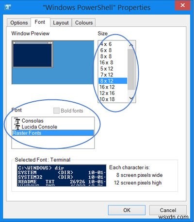 Windows PowerShell ফন্ট এবং উইন্ডো খুবই ছোট 