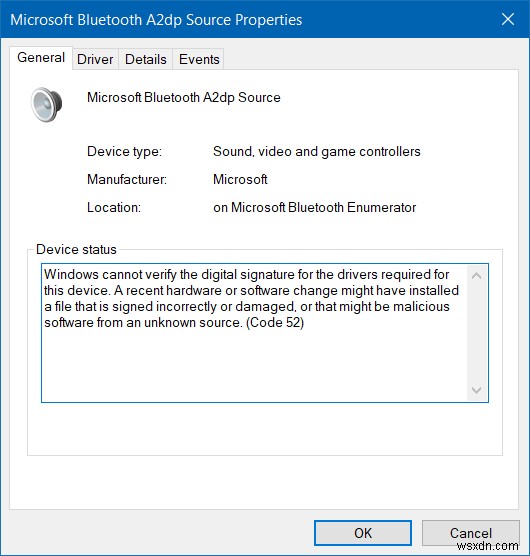 মাইক্রোসফট ব্লুটুথ A2dp সোর্স সঠিকভাবে কাজ করছে না (কোড 52) 
