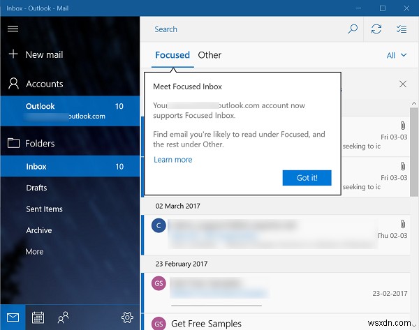 Windows 10-এ মেল অ্যাপে ফোকাসড ইনবক্স বৈশিষ্ট্য সক্ষম বা অক্ষম করুন 